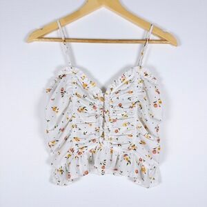 Louna Floral Ruched Cami Top M White Yellow Pink Ruffle Cottage Ruffle Peasant